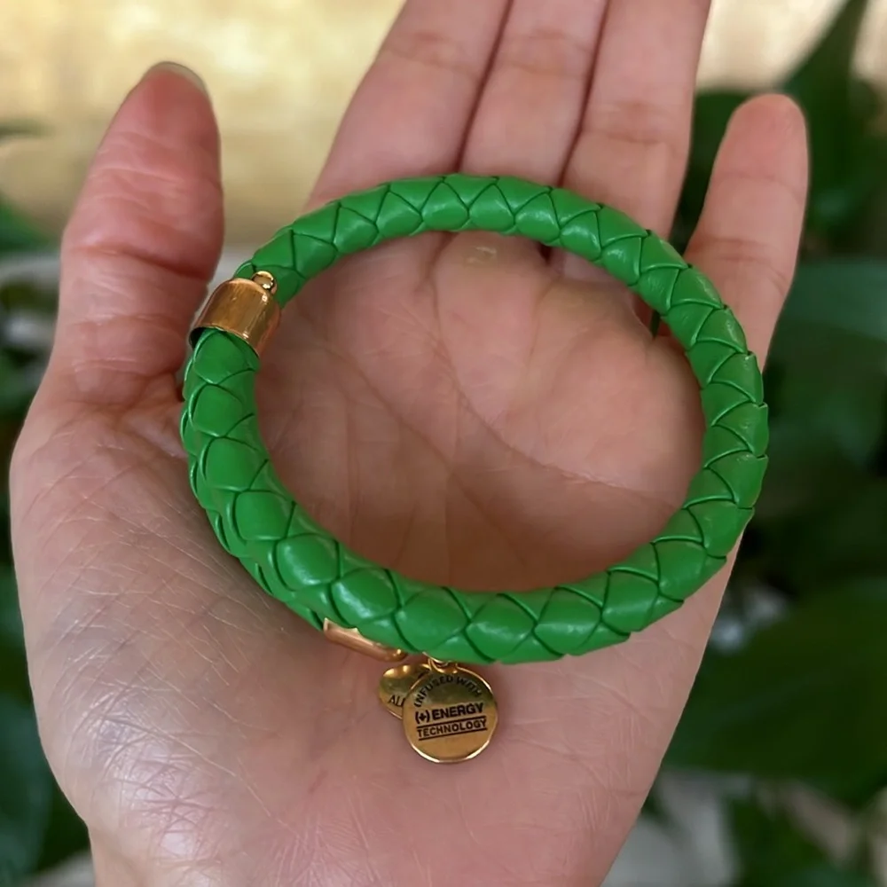 Alex & Ani Women’s Green Leather Braided Wrap Gold Tone Bracelet With Dust Bag